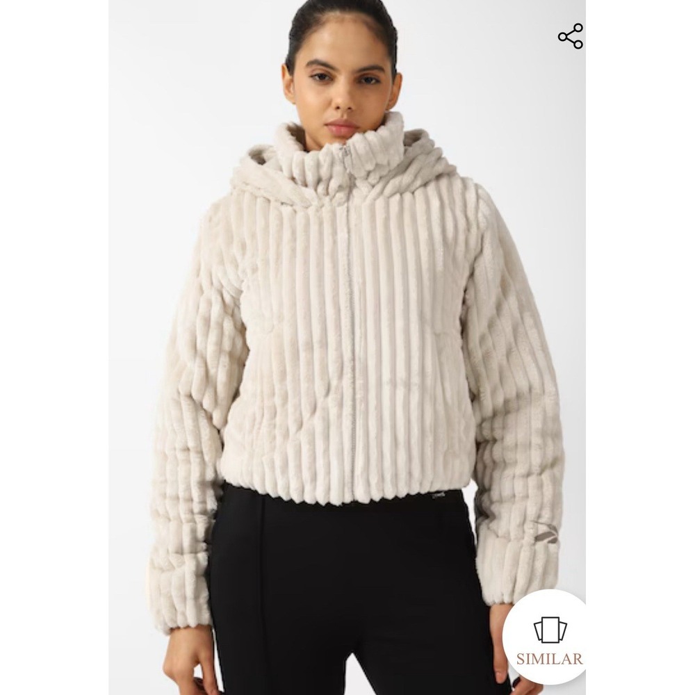 Reebok Velour Corduroy Puffer‎ Jacket Hooded Cream Athletic Cropped Size Medium